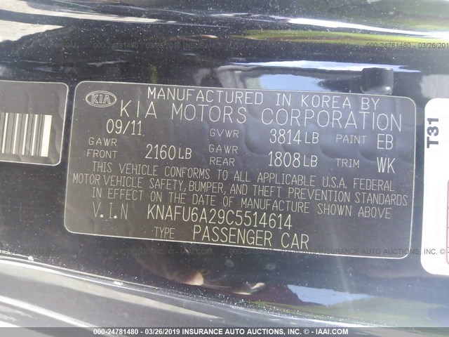 KNAFU6A29C5514614 - 2012 KIA FORTE EX BLACK photo 9