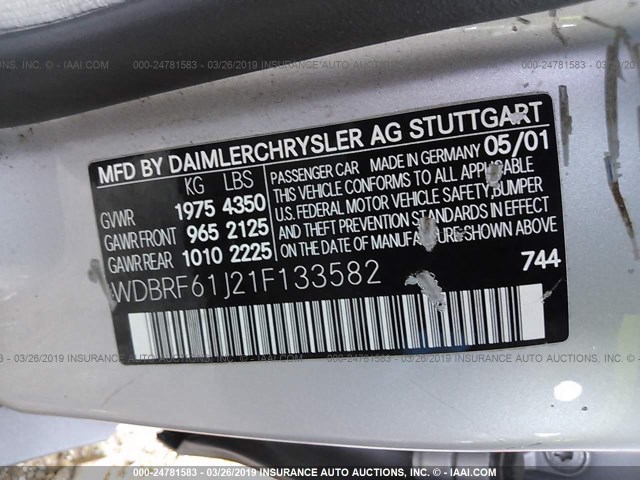 WDBRF61J21F133582 - 2001 MERCEDES-BENZ C 240 SILVER photo 9