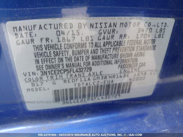 3N1CE2CP5FL432729 - 2015 NISSAN VERSA NOTE S/S PLUS/SV/SL/SR BLUE photo 9