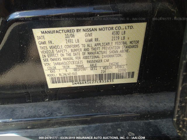 1N4BA41E27C831635 - 2007 NISSAN MAXIMA SE/SL BLACK photo 9