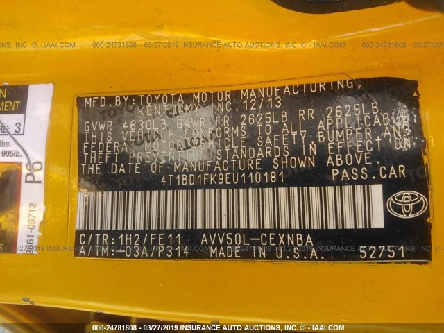 4T1BD1FK9EU110181 - 2014 TOYOTA CAMRY HYBRID/LE/XLE ყვითელი ფოტო 9