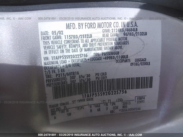 1FAFP55S92G225756 - 2002 FORD TAURUS SES SILVER photo 9