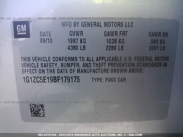 1G1ZC5E19BF179175 - 2011 CHEVROLET MALIBU 1LT 银色 照片 9