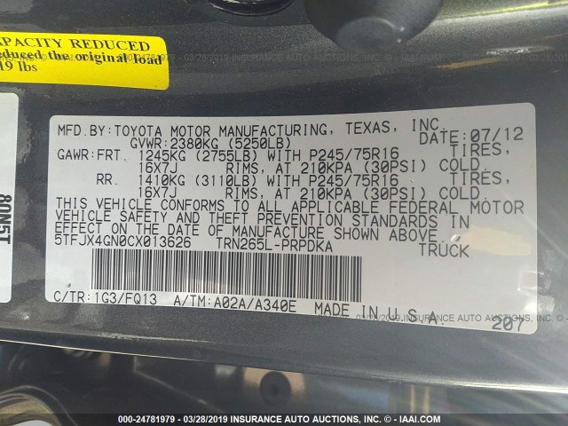 5TFJX4GN0CX013626 - 2012 TOYOTA TACOMA DOUBLE CAB 灰色 照片 9