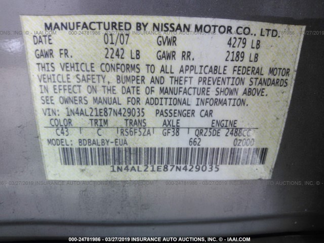 1N4AL21E87N429035 - 2007 NISSAN ALTIMA 2.5/2.5S GOLD photo 9