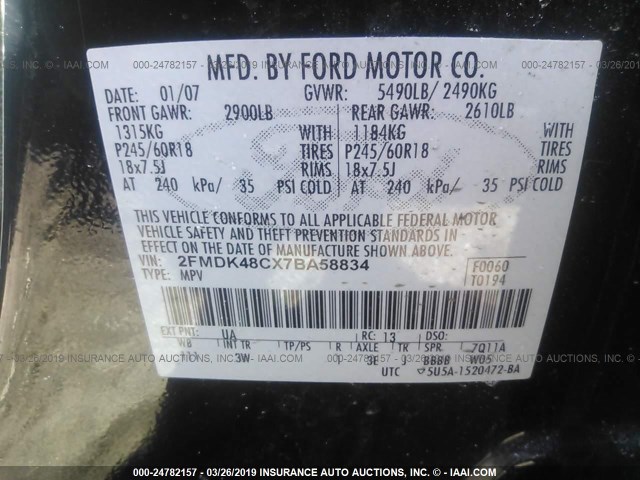 2FMDK48CX7BA58834 - 2007 FORD EDGE SEL BLACK photo 9