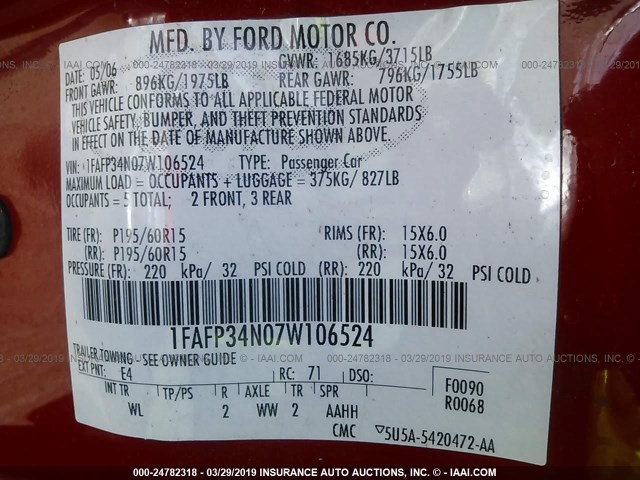 1FAFP34N07W106524 - 2007 FORD FOCUS ZX4/S/SE/SES წითელი ფოტო 9