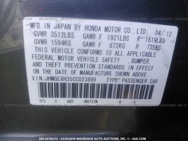 JHMGE8H35CC023899 - 2012 HONDA FIT GRAY photo 9