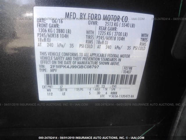 2FMPK4J99GBC08797 - 2016 FORD EDGE SEL SILVER photo 9