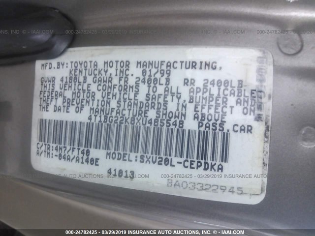 4T1BG22K8XU485548 - 1999 TOYOTA CAMRY CE/LE/XLE 灰色 照片 9