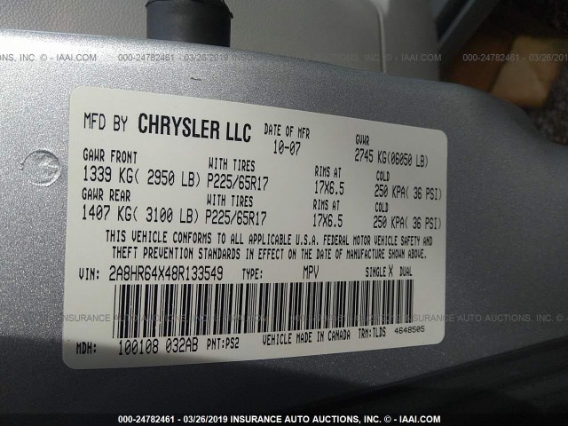 2A8HR64X48R133549 - 2008 CHRYSLER TOWN & COUNTRY LIMITED SILVER photo 9