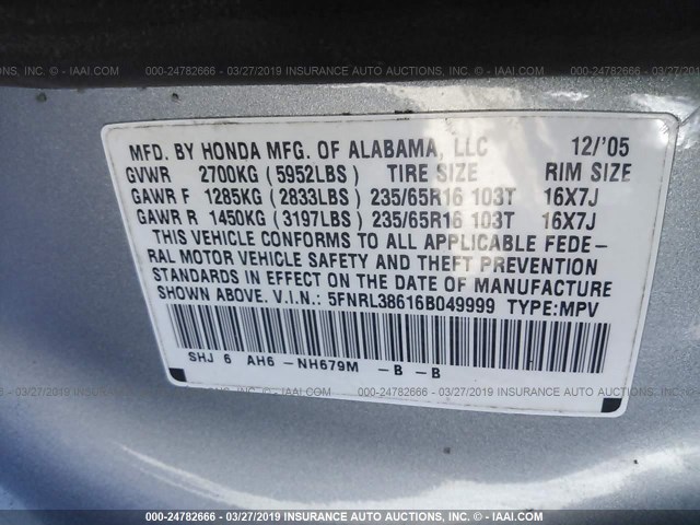 5FNRL38616B049999 - 2006 HONDA ODYSSEY EXL BLUE photo 9