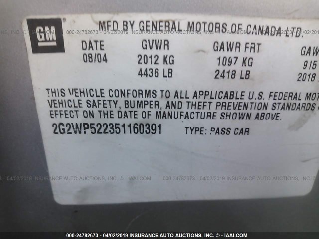 2G2WP522351160391 - 2005 PONTIAC GRAND PRIX GRAY photo 9