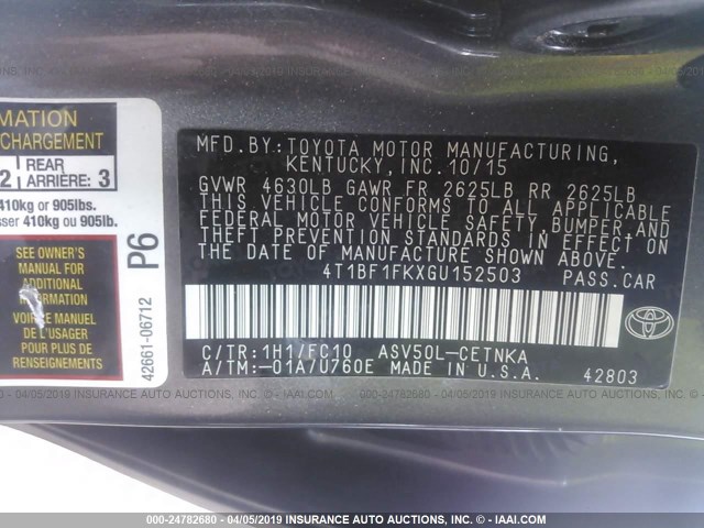 4T1BF1FKXGU152503 - 2016 TOYOTA CAMRY LE/XLE/SE/XSE GRAY photo 9