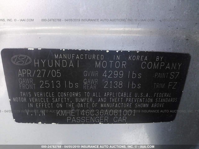 KMHET46C36A081001 - 2006 HYUNDAI SONATA GL SILVER photo 9