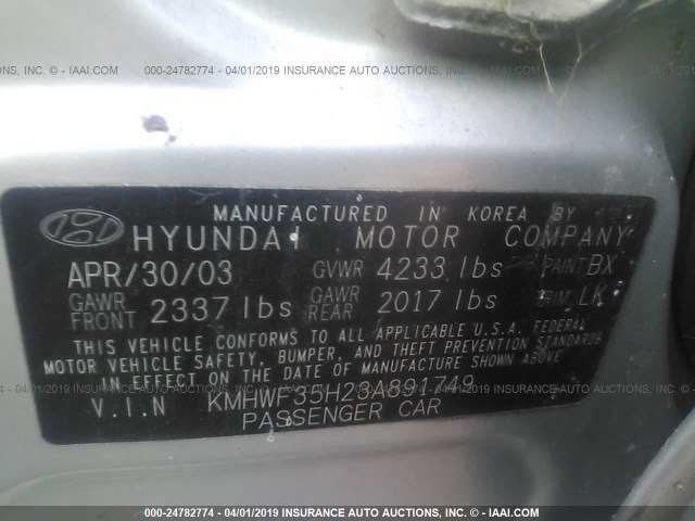 KMHWF35H23A891749 - 2003 HYUNDAI SONATA GLS/LX SILVER photo 9