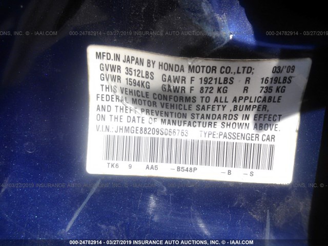 JHMGE88209S066763 - 2009 HONDA FIT BLUE photo 9