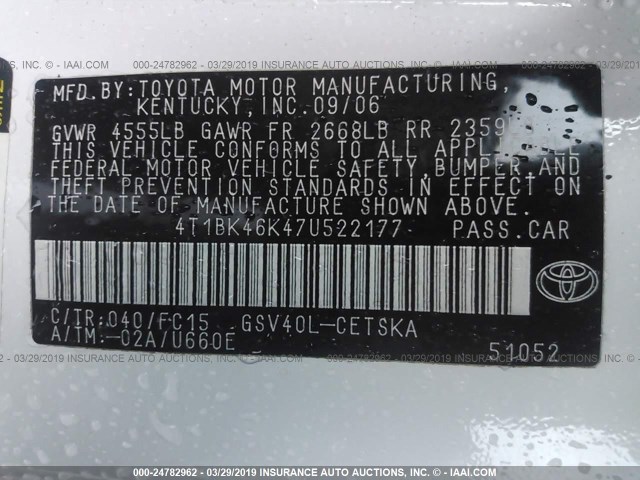 4T1BK46K47U522177 - 2007 TOYOTA CAMRY NEW GENERAT LE/XLE/SE WHITE photo 9