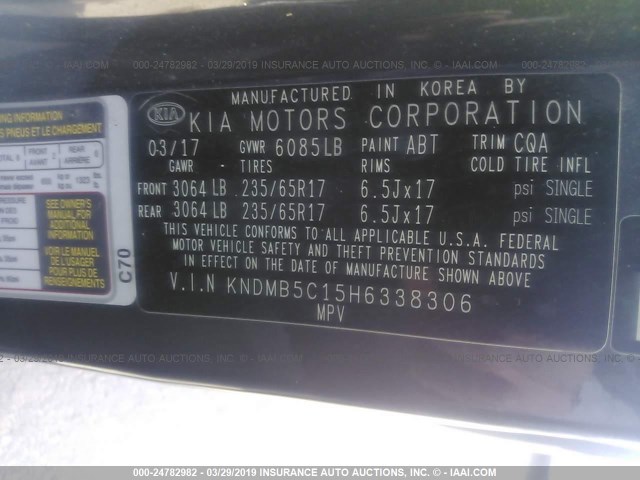 KNDMB5C15H6338306 - 2017 KIA SEDONA LX GRAY photo 9