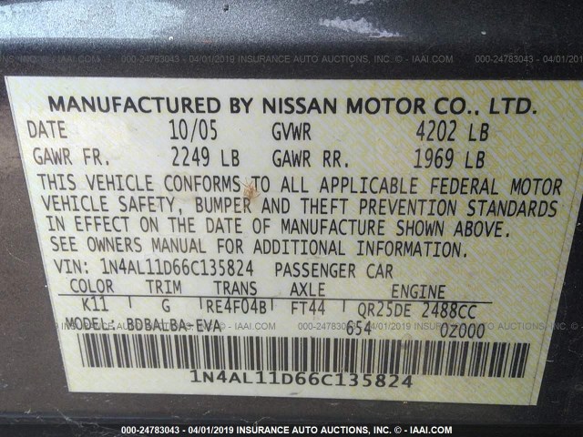 1N4AL11D66C135824 - 2006 NISSAN ALTIMA S/SL GRAY photo 9