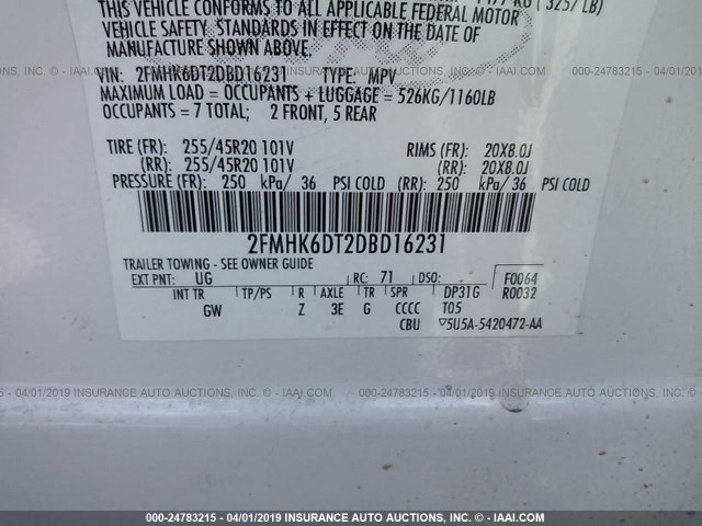 2FMHK6DT2DBD16231 - 2013 FORD FLEX LIMITED WHITE photo 9