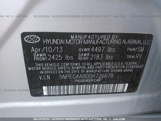 5NPEC4AB0DH726678 - 2013 HYUNDAI SONATA SE/LIMITED SILVER photo 9