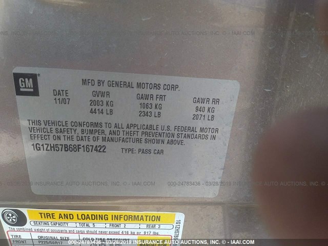 1G1ZH57B68F167422 - 2008 CHEVROLET MALIBU 1LT 棕色 照片 9