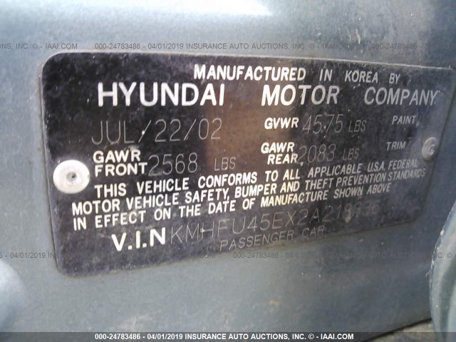 KMHFU45EX2A218336 - 2002 HYUNDAI XG 350 BLUE photo 9