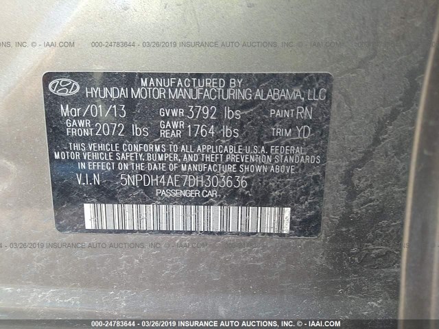 5NPDH4AE7DH303636 - 2013 HYUNDAI ELANTRA GLS/LIMITED Pewter photo 9