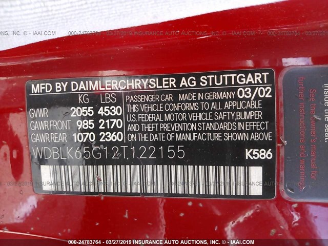 WDBLK65G12T122155 - 2002 MERCEDES-BENZ CLK 320 RED photo 9