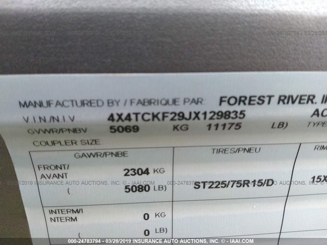 4X4TCKF29JX129835 - 2018 FOREST RIVER OTHER  Unknown photo 9
