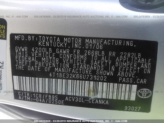 4T1BE32K66U731202 - 2006 TOYOTA CAMRY LE/XLE/SE SILVER photo 9