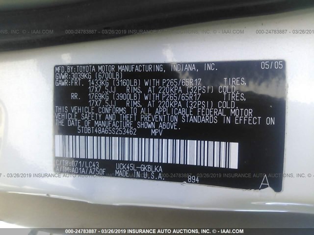 5TDBT48A65S253462 - 2005 TOYOTA SEQUOIA LIMITED WHITE photo 9