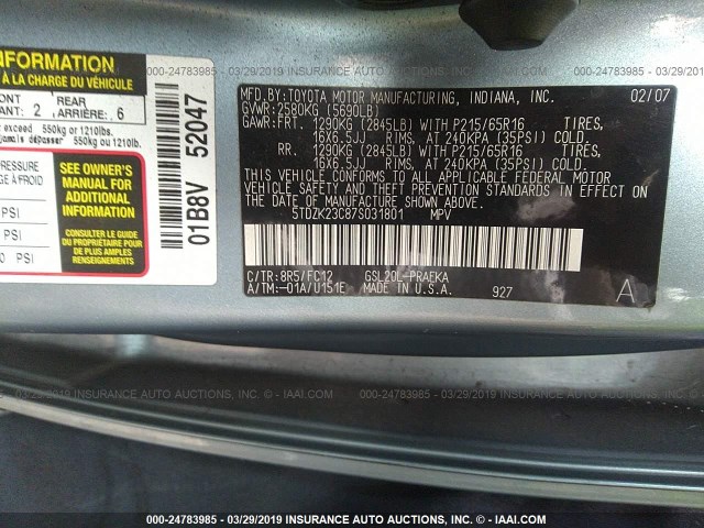 5TDZK23C87S031801 - 2007 TOYOTA SIENNA CE/LE Light Blue photo 9