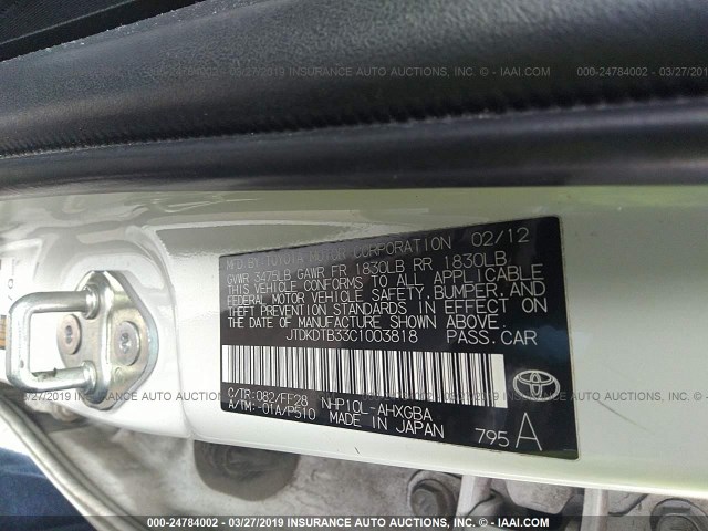 JTDKDTB33C1003818 - 2012 TOYOTA PRIUS C WHITE photo 9