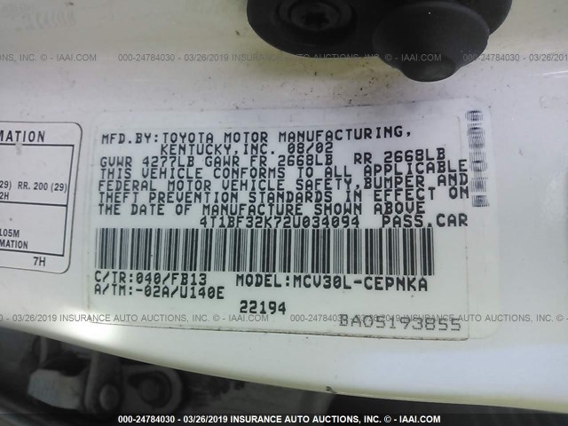 4T1BF32K72U034094 - 2002 TOYOTA CAMRY LE/XLE/SE WHITE photo 9