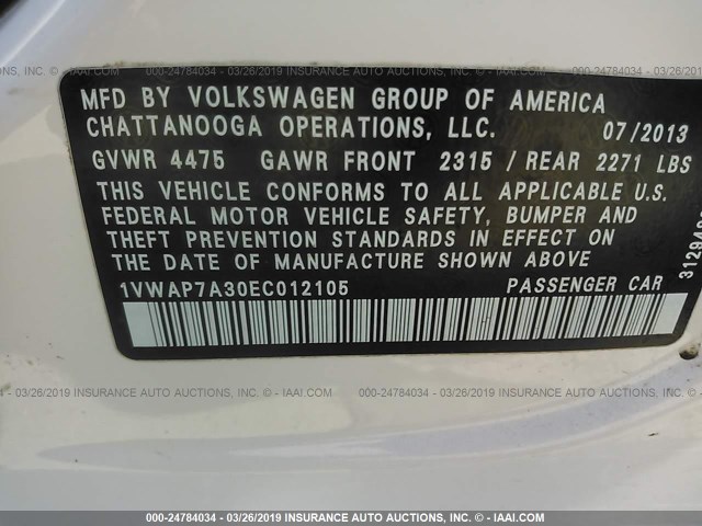 1VWAP7A30EC012105 - 2014 VOLKSWAGEN PASSAT S WHITE photo 9