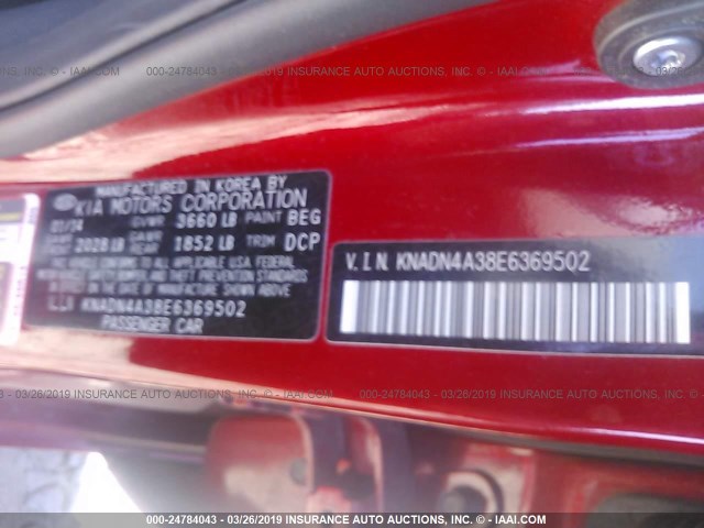 KNADN4A38E6369502 - 2014 KIA RIO EX RED photo 9