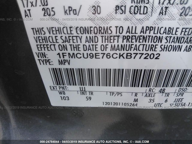 1FMCU9E76CKB77202 - 2012 FORD ESCAPE LIMITED GRAY photo 9