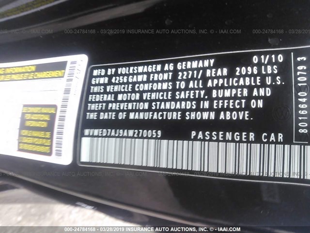 WVWED7AJ9AW270059 - 2010 VOLKSWAGEN GTI BLACK photo 9