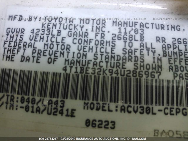 4T1BE32K94U286967 - 2004 TOYOTA CAMRY LE/XLE/SE WHITE photo 9