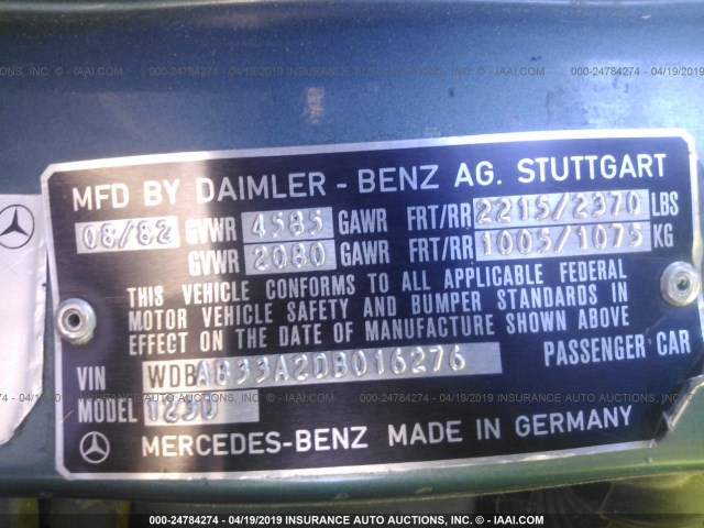 WDBAB33A2DB016276 - 1983 MERCEDES-BENZ 300 DT GRAY photo 9