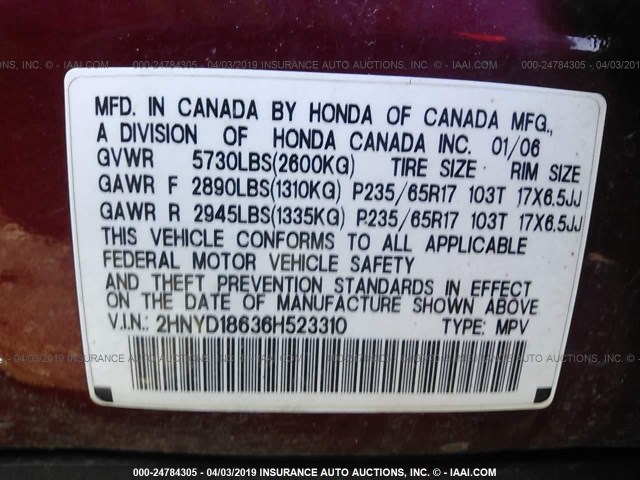 2HNYD18636H523310 - 2006 ACURA MDX TOURING RED photo 9