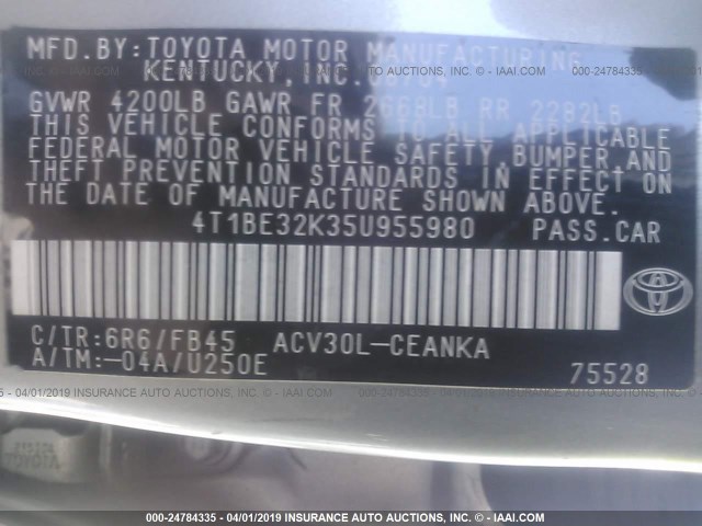 4T1BE32K35U955980 - 2005 TOYOTA CAMRY LE/XLE/SE SILVER photo 9