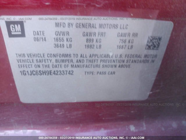 1G1JC6SH9E4233742 - 2014 CHEVROLET SONIC LT RED photo 9