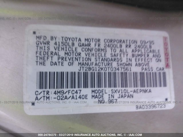 JT2BG12K0T0347561 - 1996 TOYOTA CAMRY DX/LE/XLE SILVER photo 9