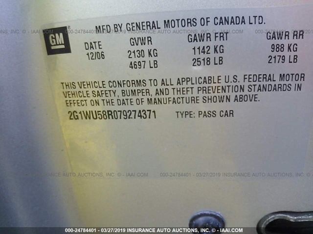 2G1WU58R079274371 - 2007 CHEVROLET IMPALA LTZ SILVER photo 9