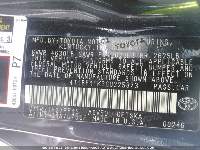 4T1BF1FK3GU225873 - 2016 TOYOTA CAMRY LE/XLE/SE/XSE შავი ფოტო 9
