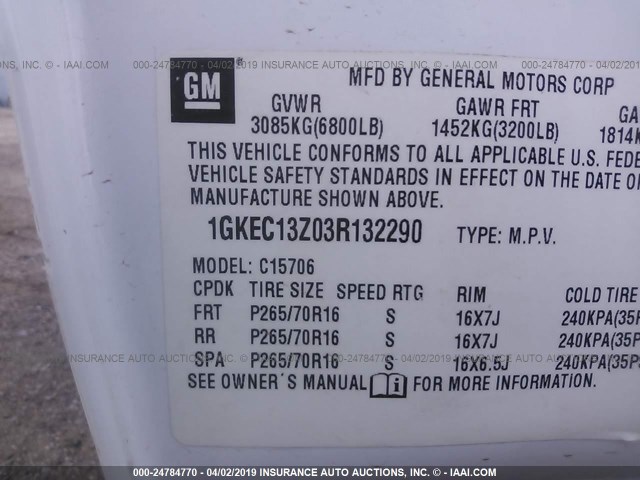 1GKEC13Z03R132290 - 2003 GMC YUKON WHITE photo 9