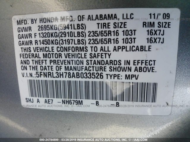 5FNRL3H78AB033526 - 2010 HONDA ODYSSEY EXL BLUE photo 9